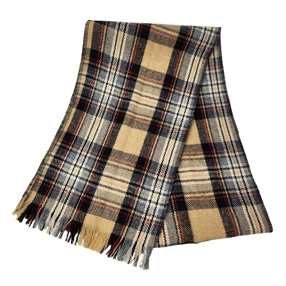 Vtg Wool Blend Scarf Beige Plaid Light Academia Preppy Career Work Business Warm